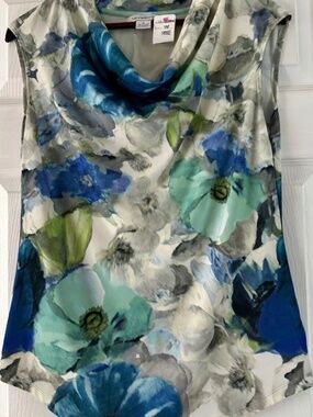 Liz Claiborne Blue Floral‎ Watercolor Cowl Neckline Sleeveless Top Size S EUC